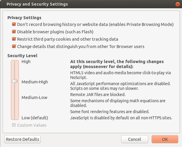 TOR 4.5 Security Slider on Ubuntu
