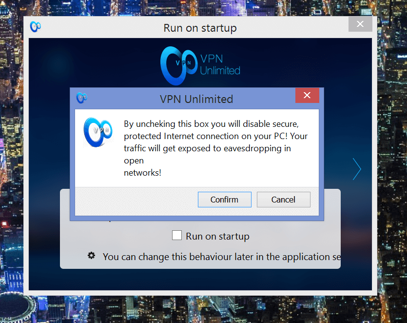 VPN unlimited run at startup warning