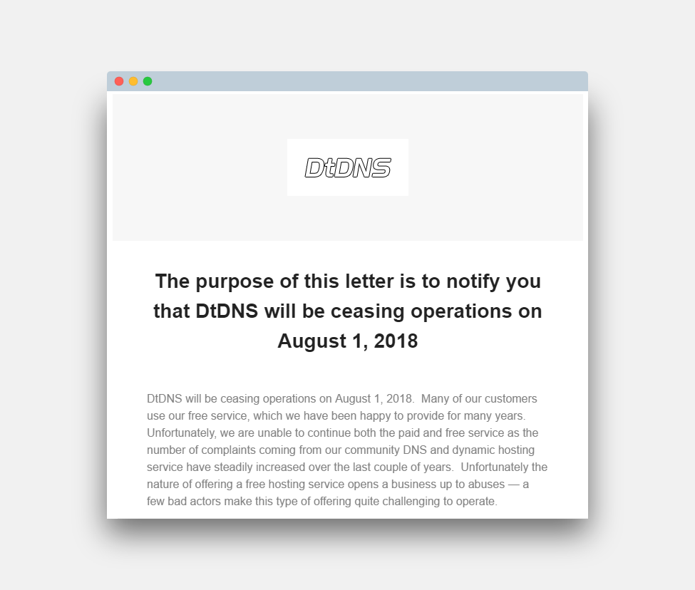 DtDNS will shut down on August 1, 2018